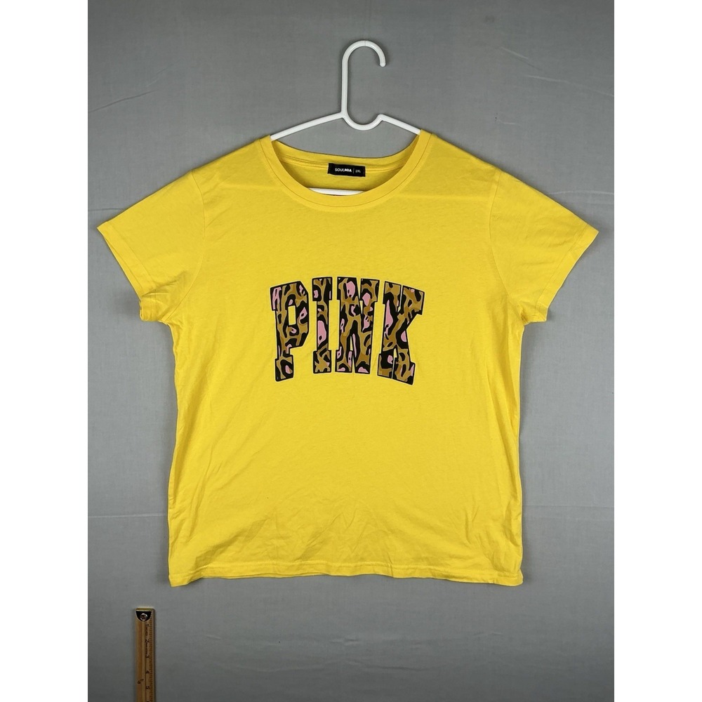 Soulmia Pink Graphic Tee Womens 2XL Yellow Leopard Logo Short Sleeve T Shirt
